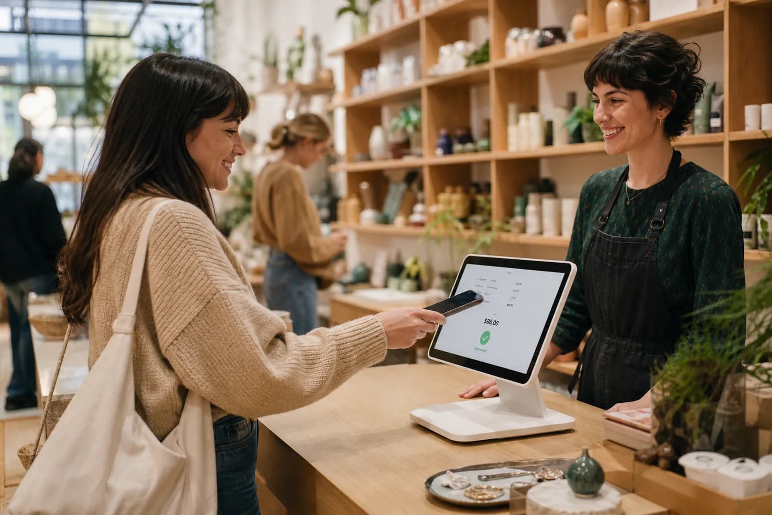 A shopper pays by phone at a shop's tablet checkout while the owner smiles behind the counter.