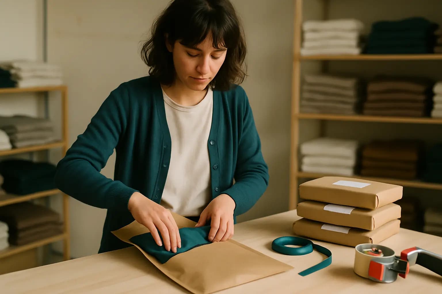 A small-brand owner at her studio workbench, folding a teal garment into a kraft mailer beside a stack of parcels ready to ship.