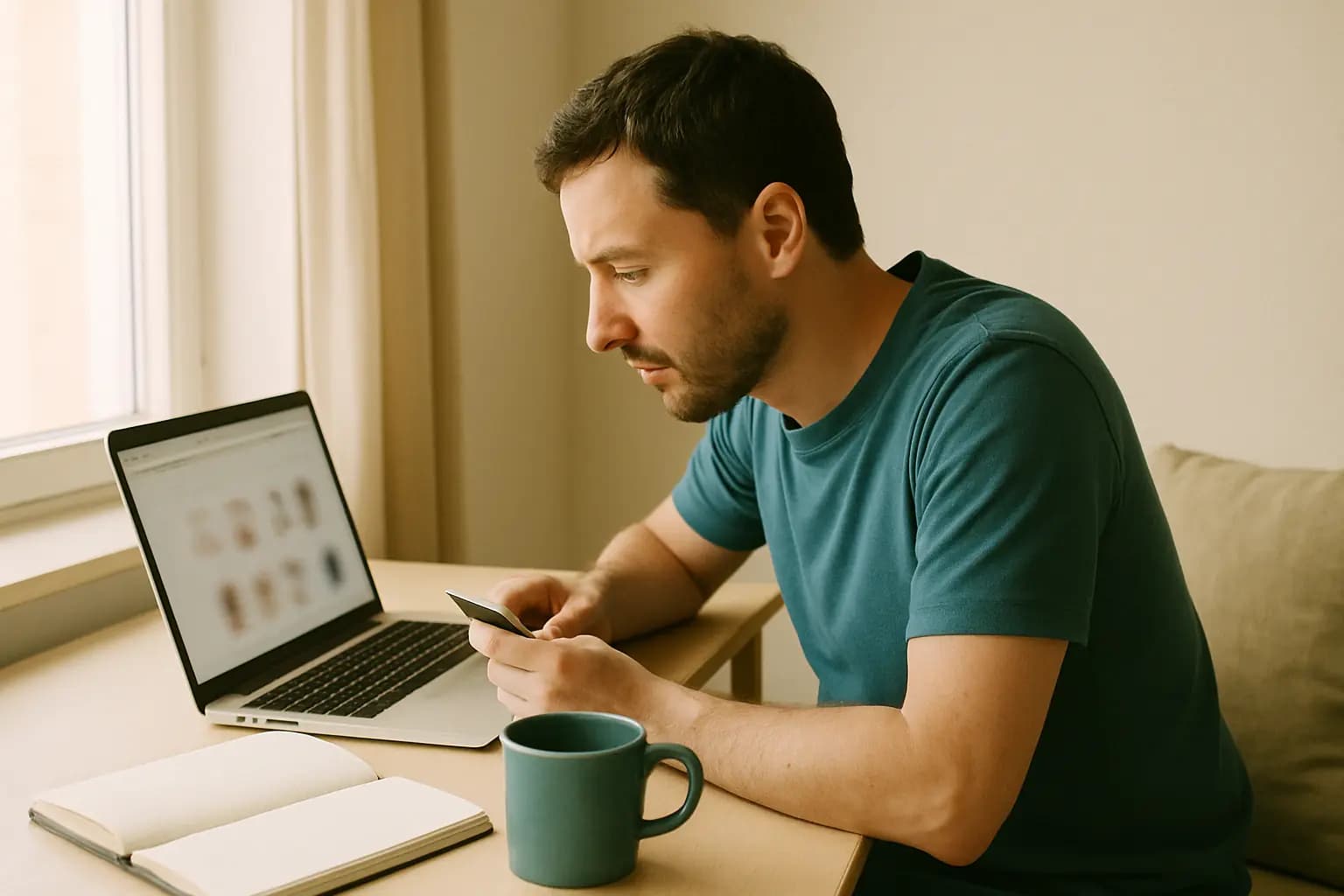 A customer at a sunlit desk browsing a store's products on a laptop, phone in hand.
