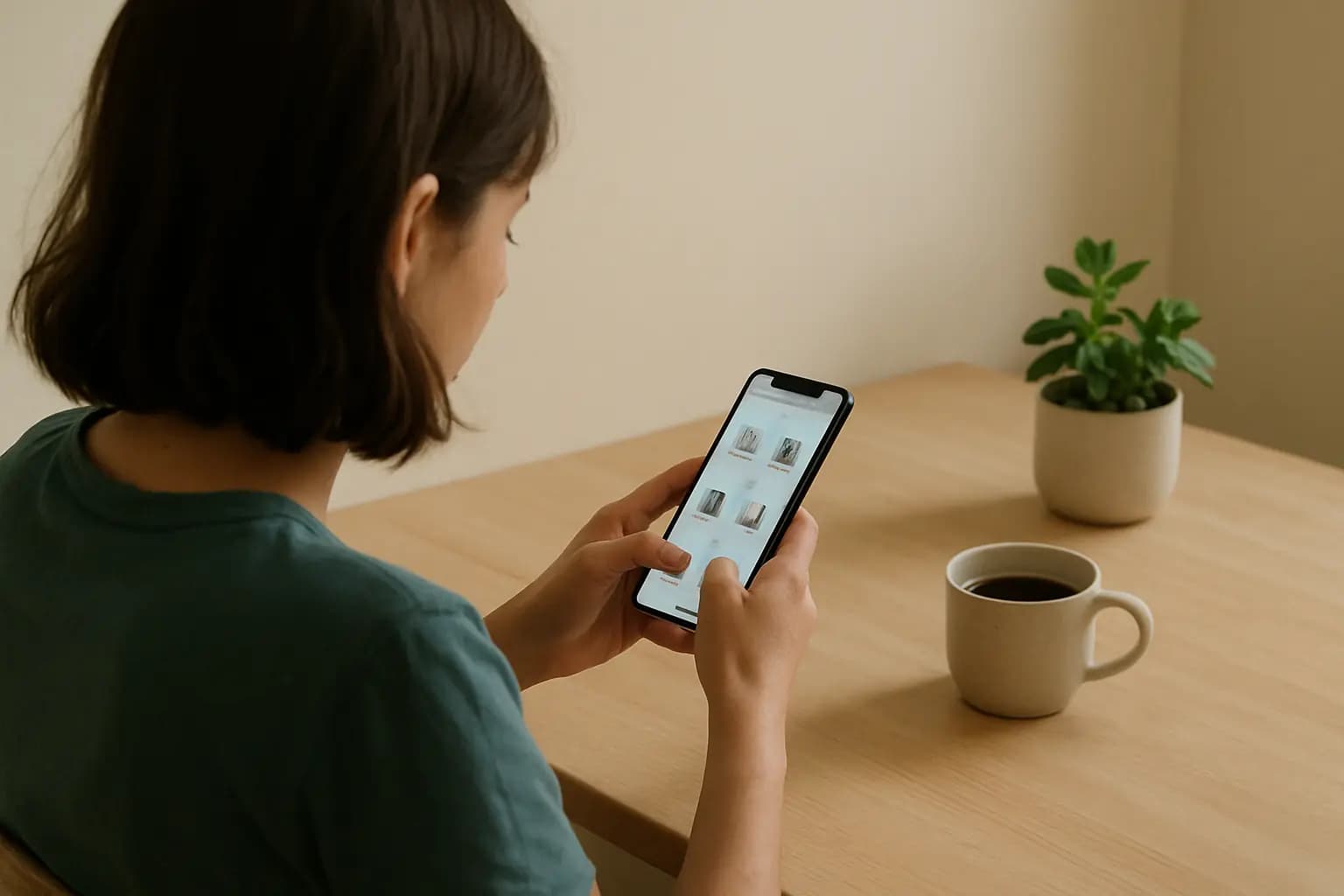A customer at a kitchen table scrolling a store's products on her phone over a cup of coffee.